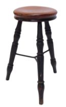 A late 19th/early 20thC turned wood workshop stool, with metal X shaped stretcher, 52cm high.