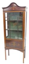 An Edwardian mahogany display cabinet, painted to simulate marquetry, with an arched top above a gla