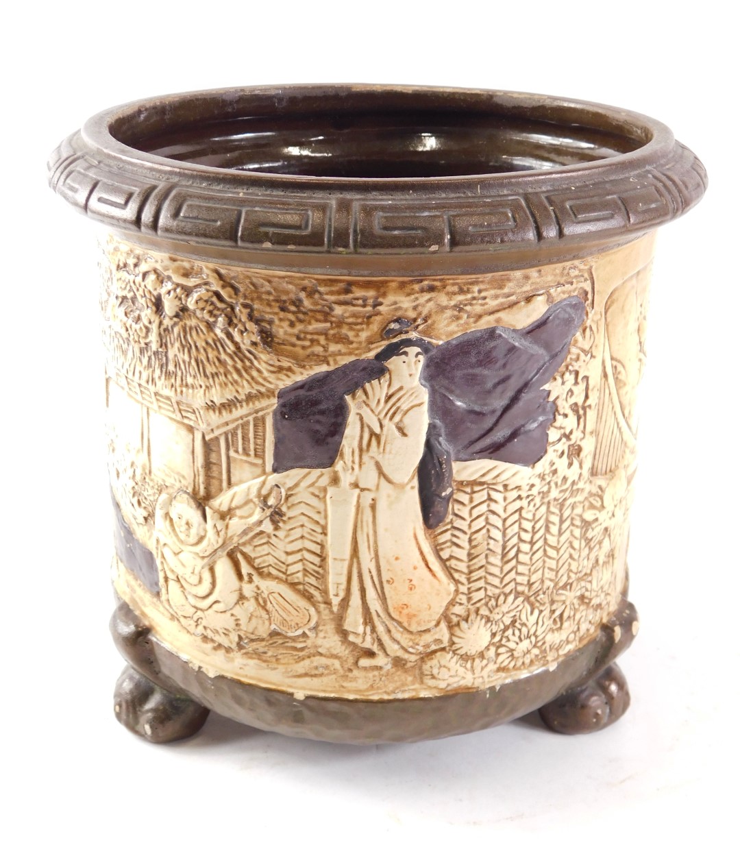 A Denby pottery jardiniere decorated in Oriental style with raised figures, animals, etc., and a sim - Image 2 of 4