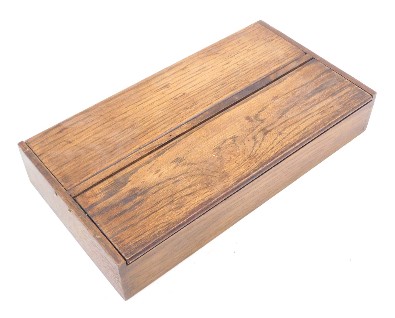 A two section oak cutlery box, with two hinged lids, 38.5cm wide.