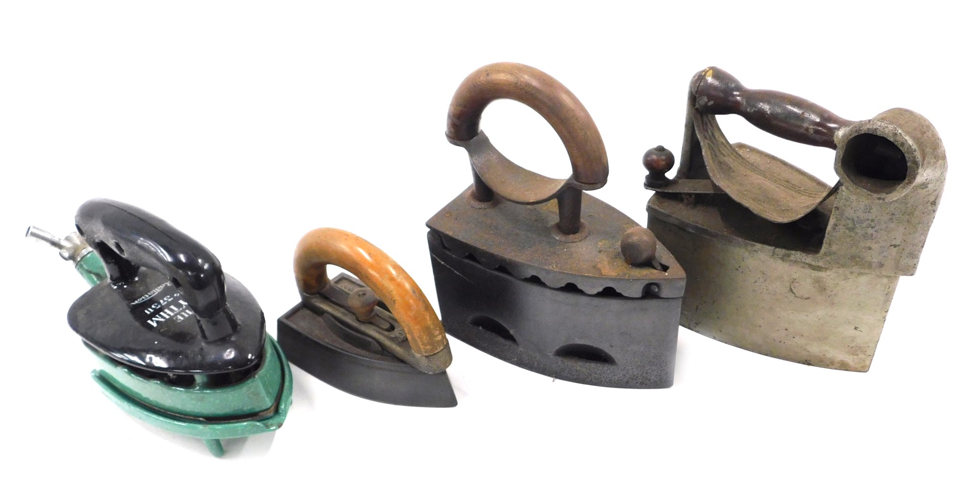 Victorian cast iron flat and charcoal irons, a smaller example and another titled The Rhythm, number