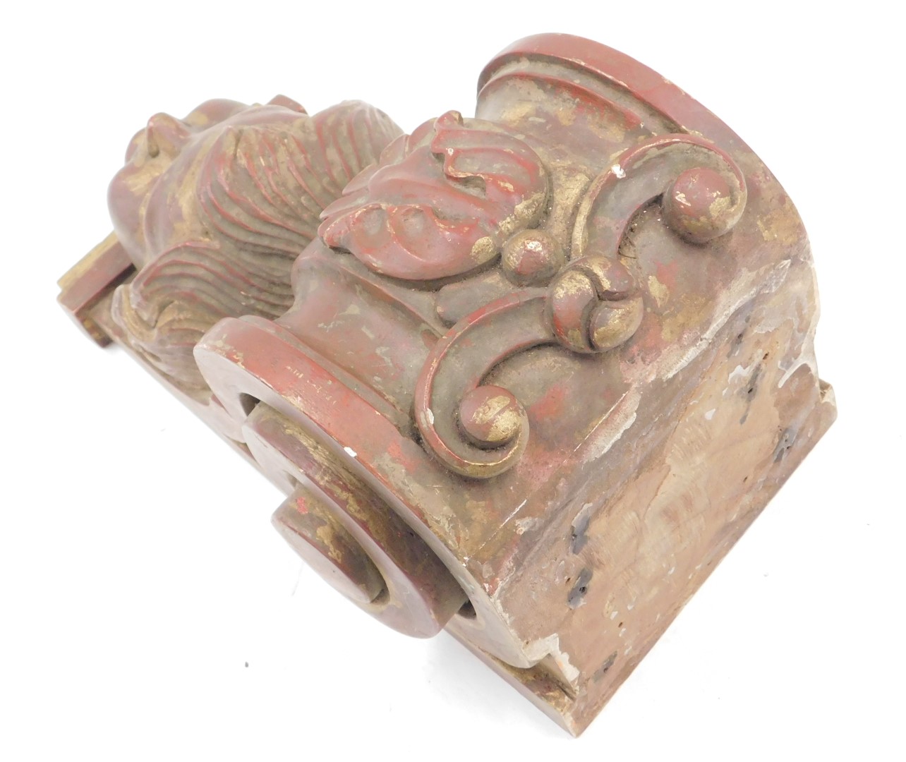 A red and gilt painted carved wooden support or corbel, 51cm high. - Image 2 of 3