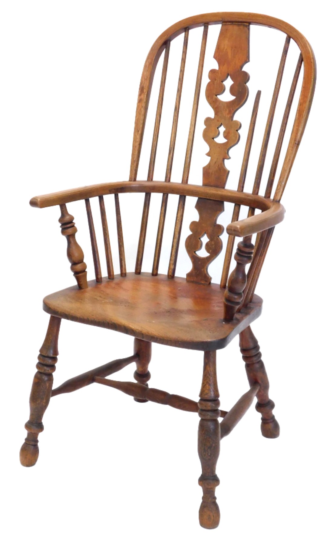 A late 19thC ash and elm Windsor chair with a pierced back splat, solid seat, on turned legs, with H