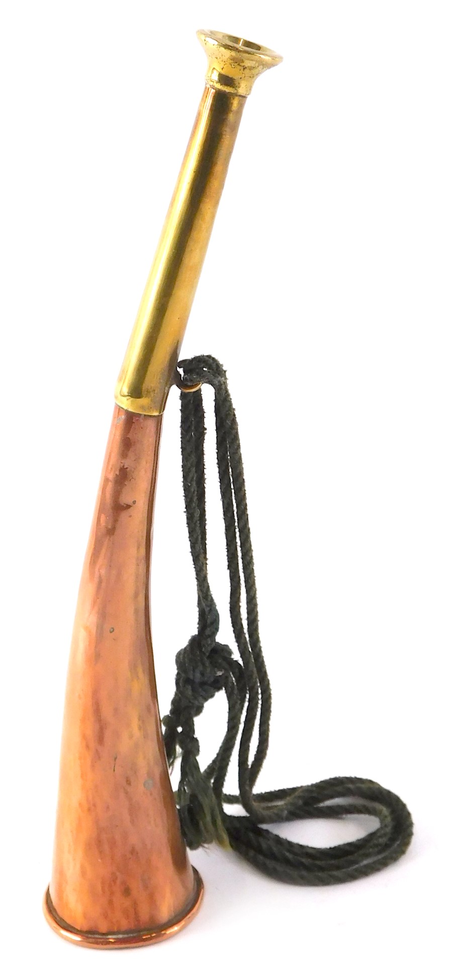 A copper and brass hunting horn, 25.5cm long.