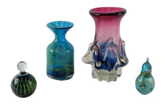 A Czech red and blue Art Glass vase, a Mdina vase, and two paperweights. (4)