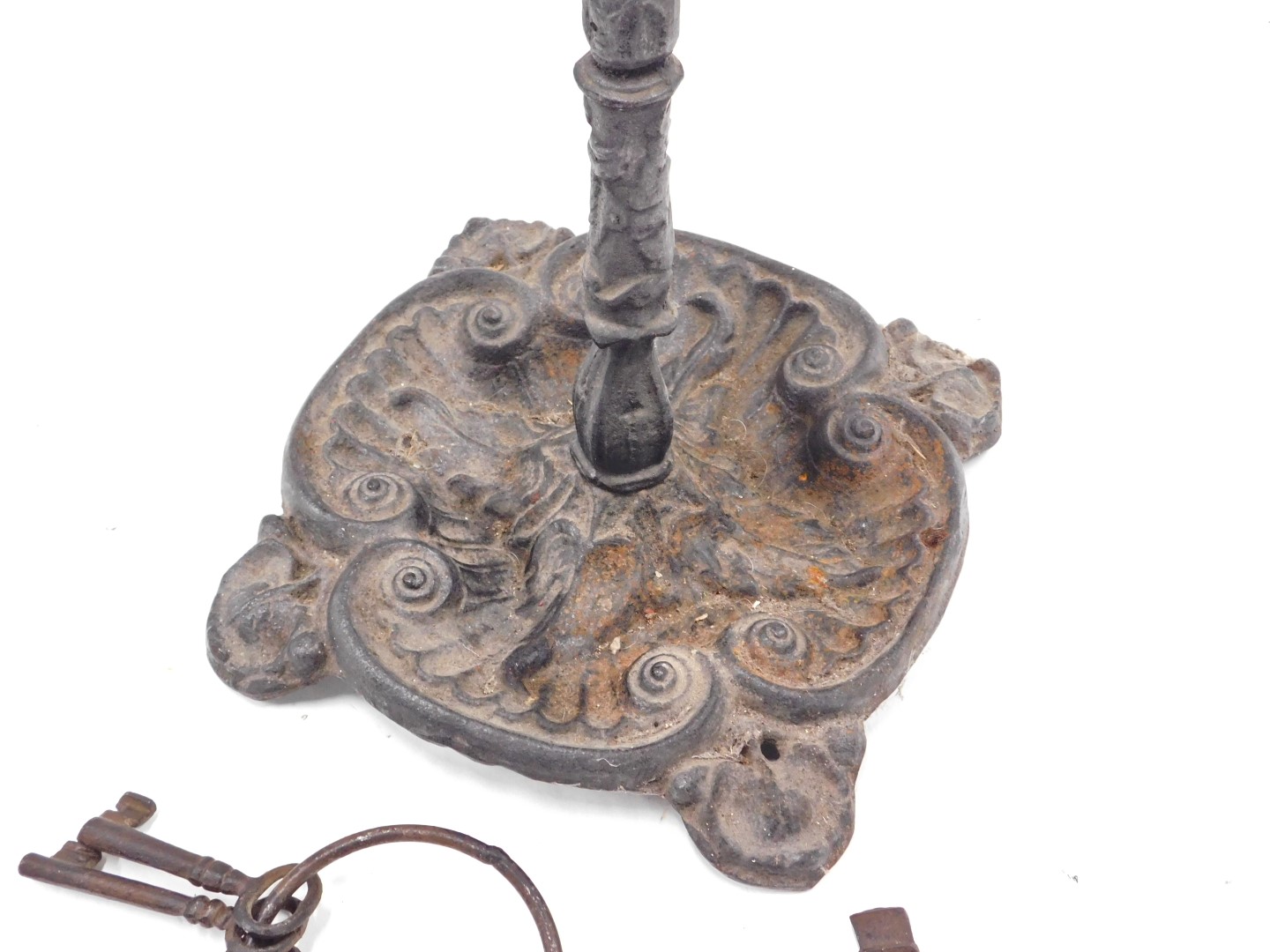 A Victorian style cast iron umbrella stand, oak spill box and a ring with five iron keys. - Image 2 of 2