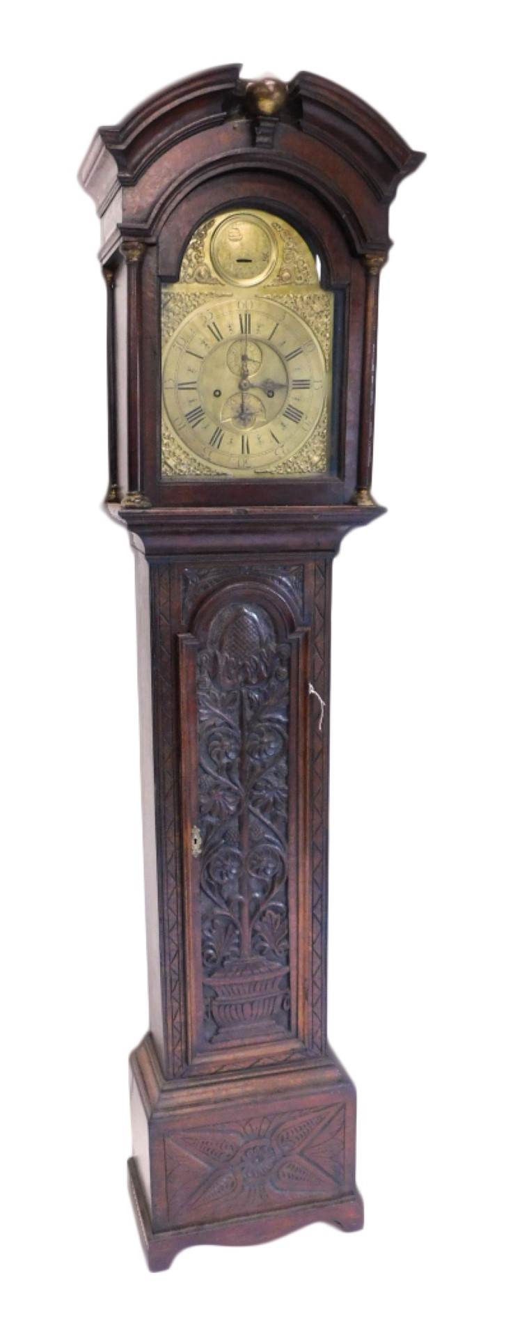 A longcase clock, the arched dial decorated with Noah's Ark and with pierced spandrels, signed John