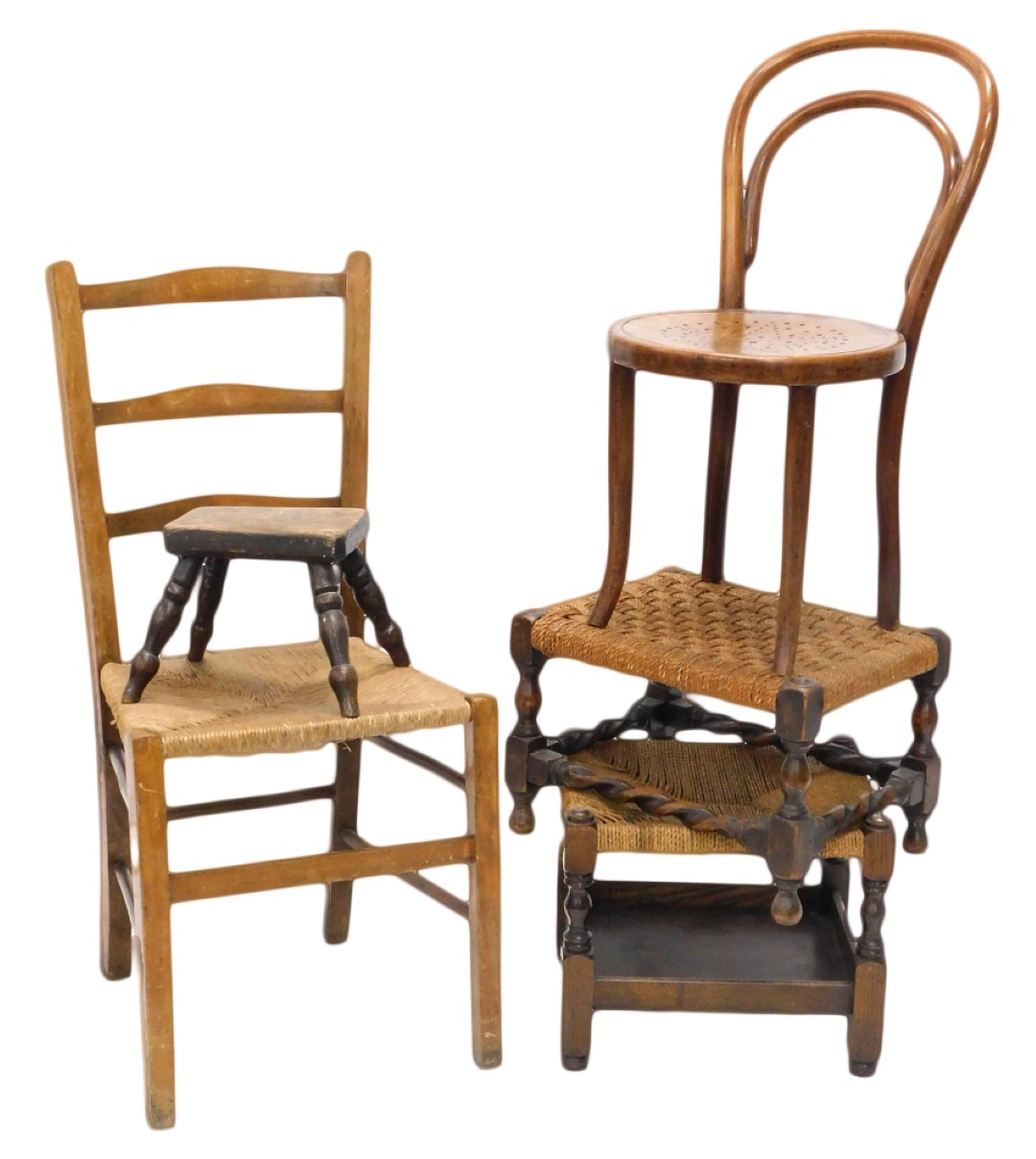 Two oak stools with woven tops, a milking stool, a bentwood child's chair and a bedroom chair. (5)