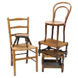Two oak stools with woven tops, a milking stool, a bentwood child's chair and a bedroom chair. (5)