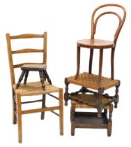 Two oak stools with woven tops, a milking stool, a bentwood child's chair and a bedroom chair. (5)