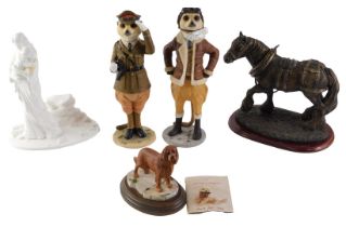 Two Country Artists figures, meerkat Monty and another Barder, a Nature Craft King Charles Spaniel,