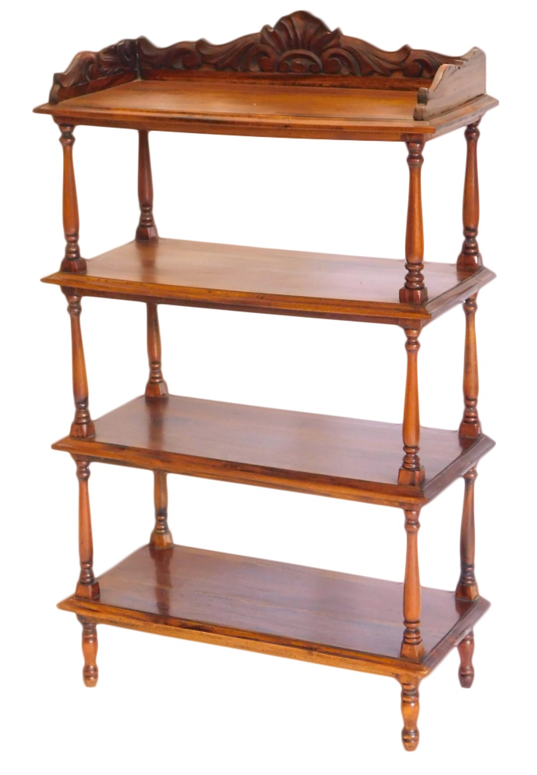 A hardwood four tier whatnot, in Victorian style with a raised carved gallery, on turned supports, 1