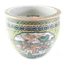 A late 20thC Chinese porcelain enamel decorated fish bowl, the exterior with panels of warriors, the