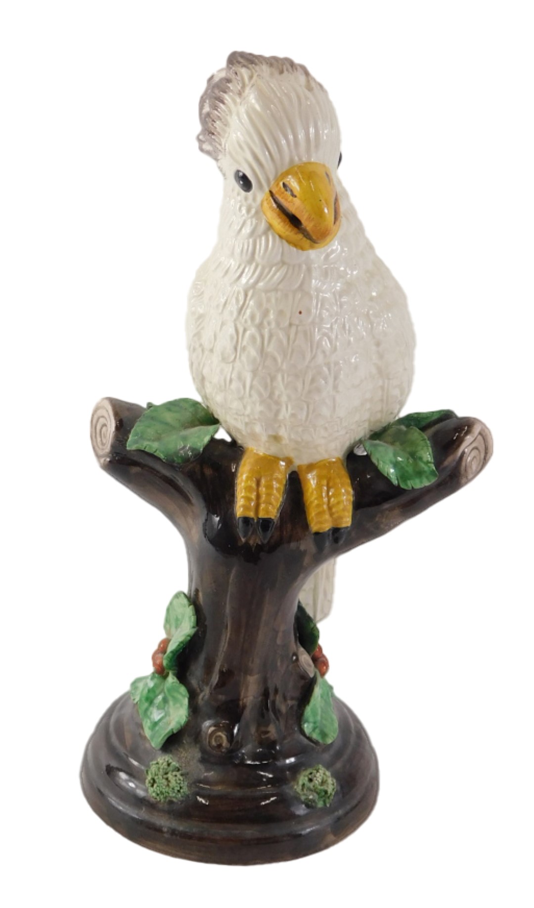 An Italian pottery model of a cockatoo on a perch, 25cm high.