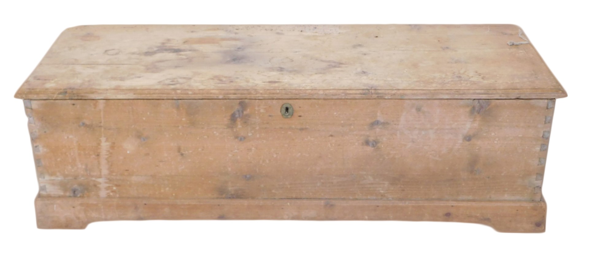 A long stripped pine blanket box, on bracket feet, 139cm wide.