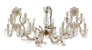 A Venetian style six branch chandelier, with cut glass drops, 64cm wide, and a matching pair of five