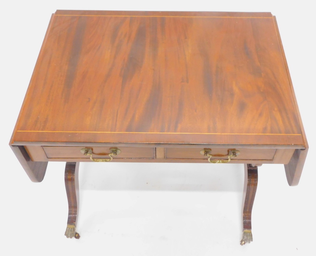 A mahogany and boxwood strung sofa table, in Regency style with two frieze drawers, on lyre shaped e - Image 3 of 3