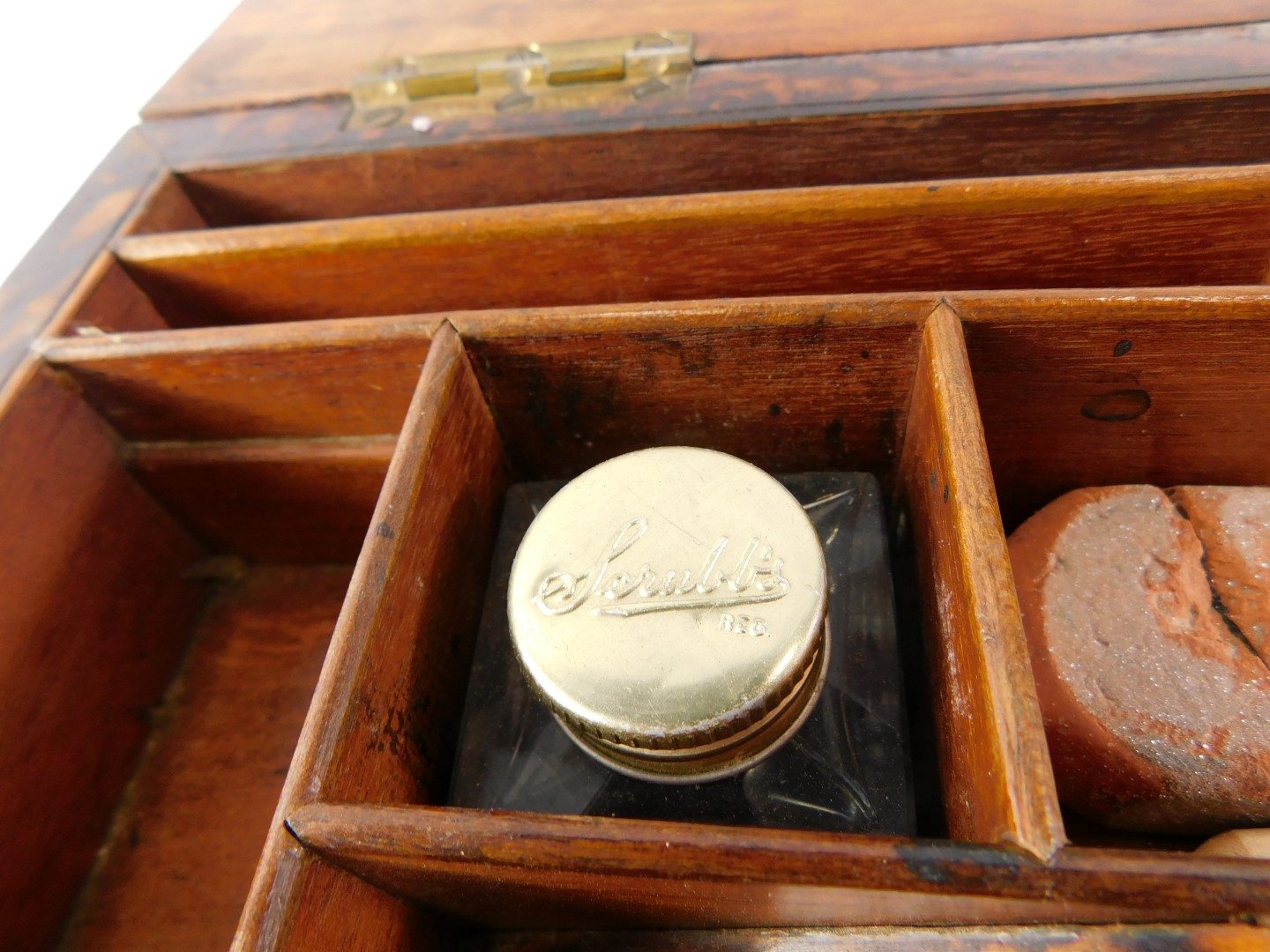 A Victorian writing box, the exterior with poker work decoration of flowers and leaves within cartou - Image 4 of 5