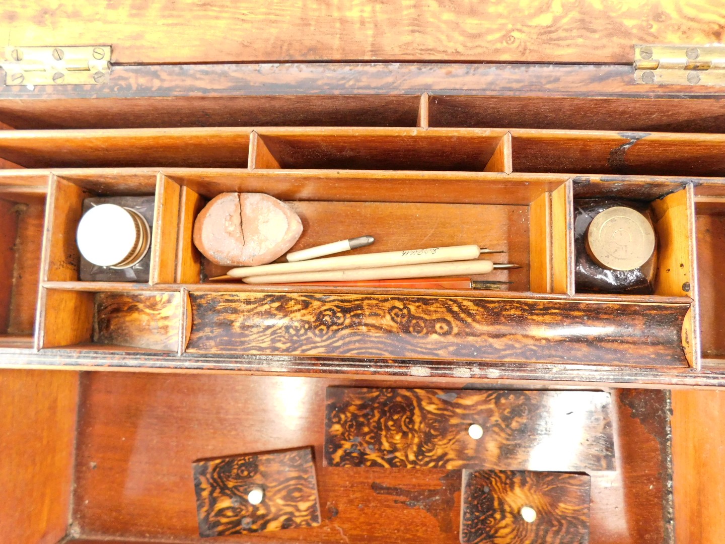 A Victorian writing box, the exterior with poker work decoration of flowers and leaves within cartou - Image 3 of 5