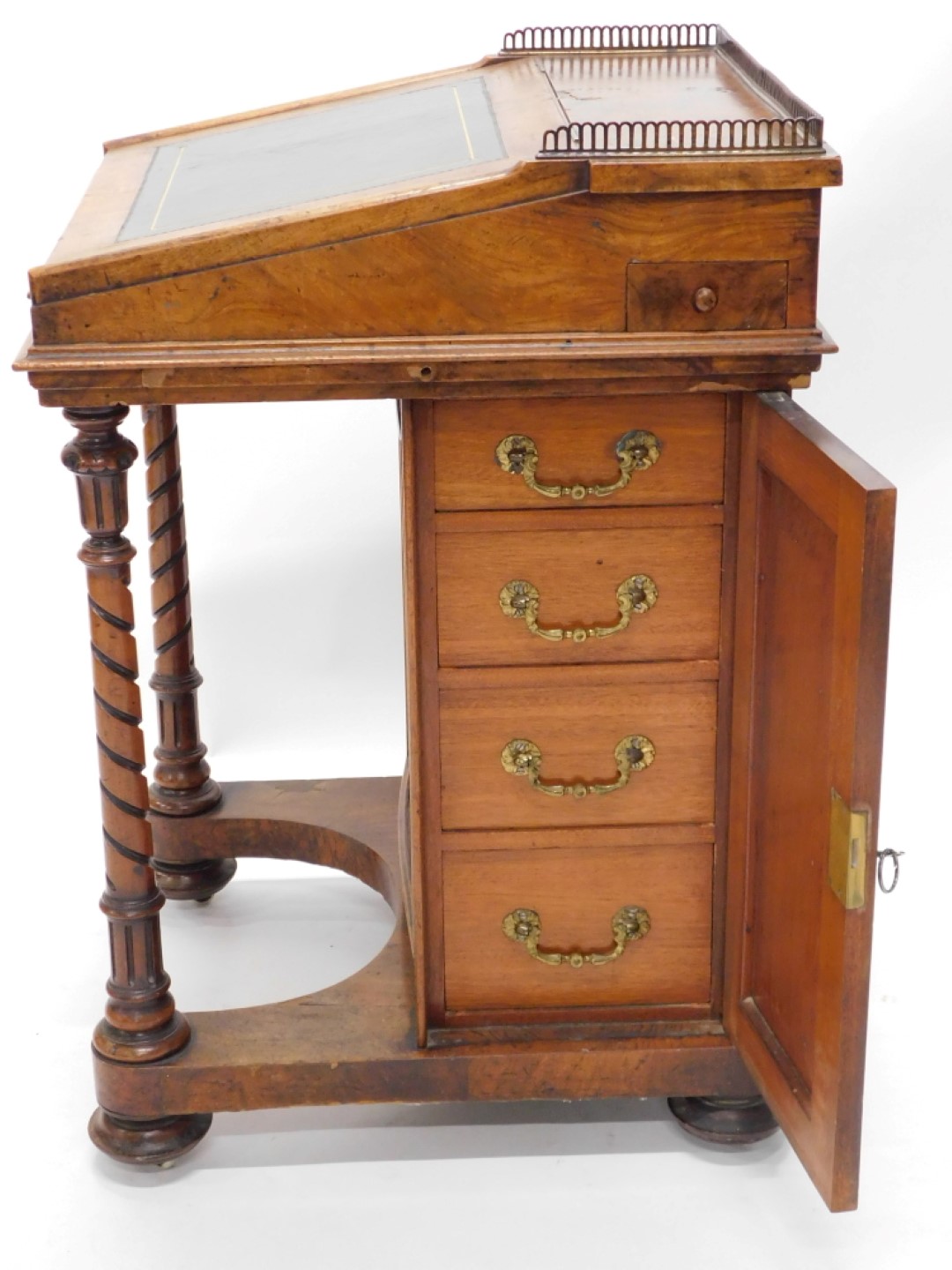 A Victorian walnut Davenport, the top with a pierced brass gallery, with later green leather inset, - Image 3 of 3