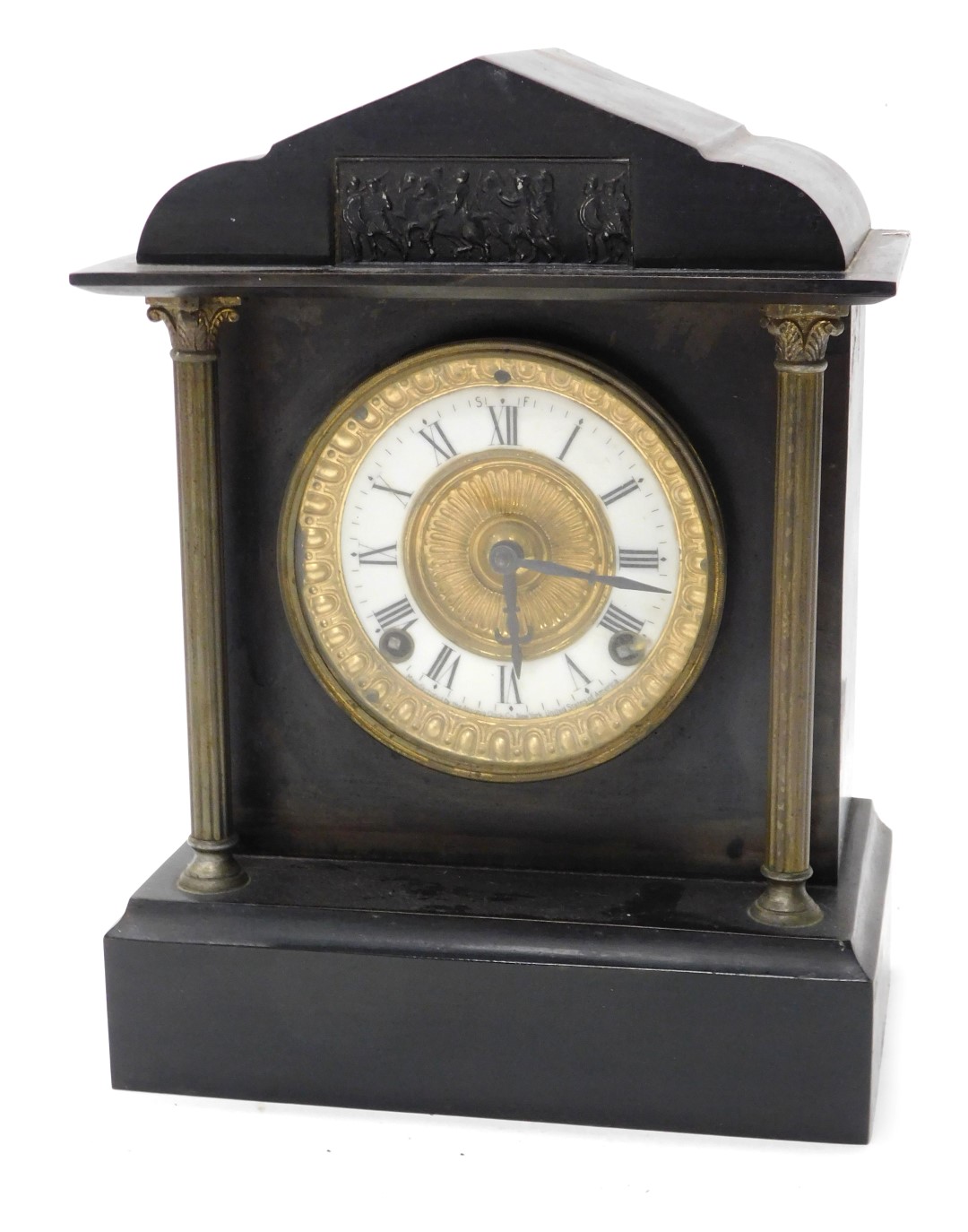 A late 19thC American black slate and metal portico mantel clock, the dial stamped Manufactured by t