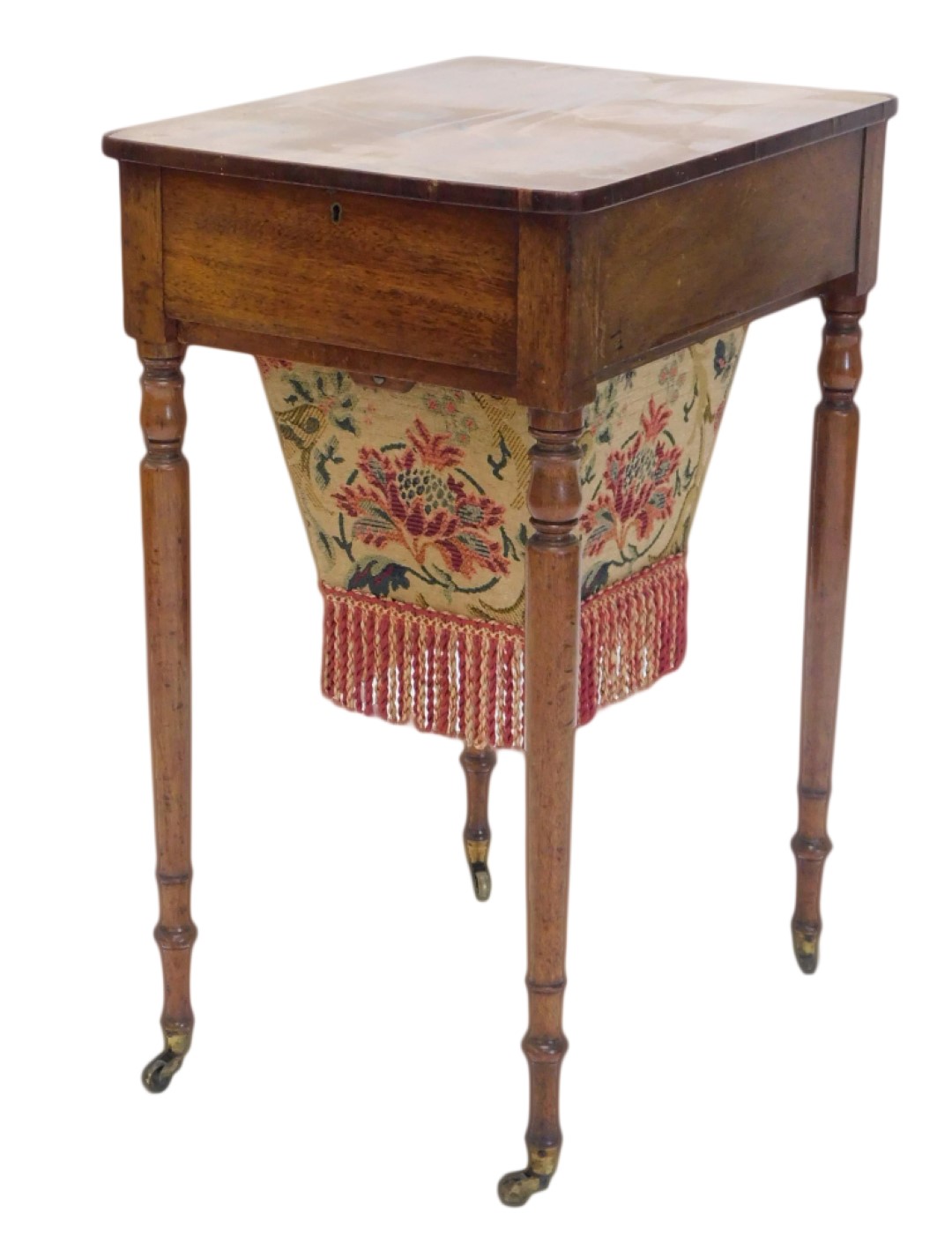 A 19thC and later work table, the rectangular top with rounded corners above a frieze drawer and a w