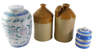 Miscellaneous items, to include two stoneware jars, a clover leaf Cornishware tea jar and cover, etc