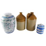 Miscellaneous items, to include two stoneware jars, a clover leaf Cornishware tea jar and cover, etc