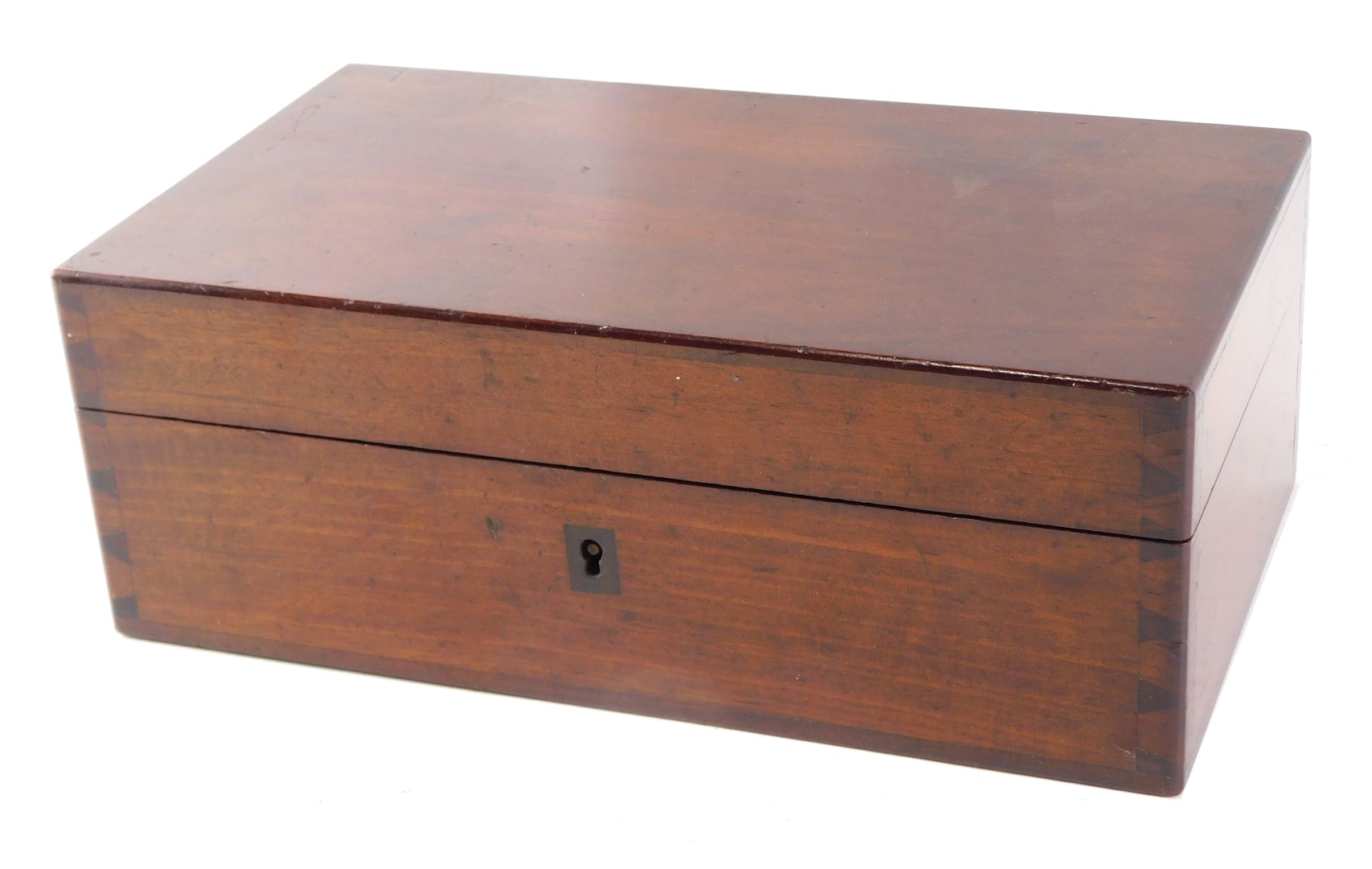 A 19thC mahogany jewellery box, with brass lock plate, 11cm high, 27cm wide, 16cm deep.