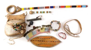 Various African tribal artefacts, to include a staff with beadwork bands, other beaded items to incl