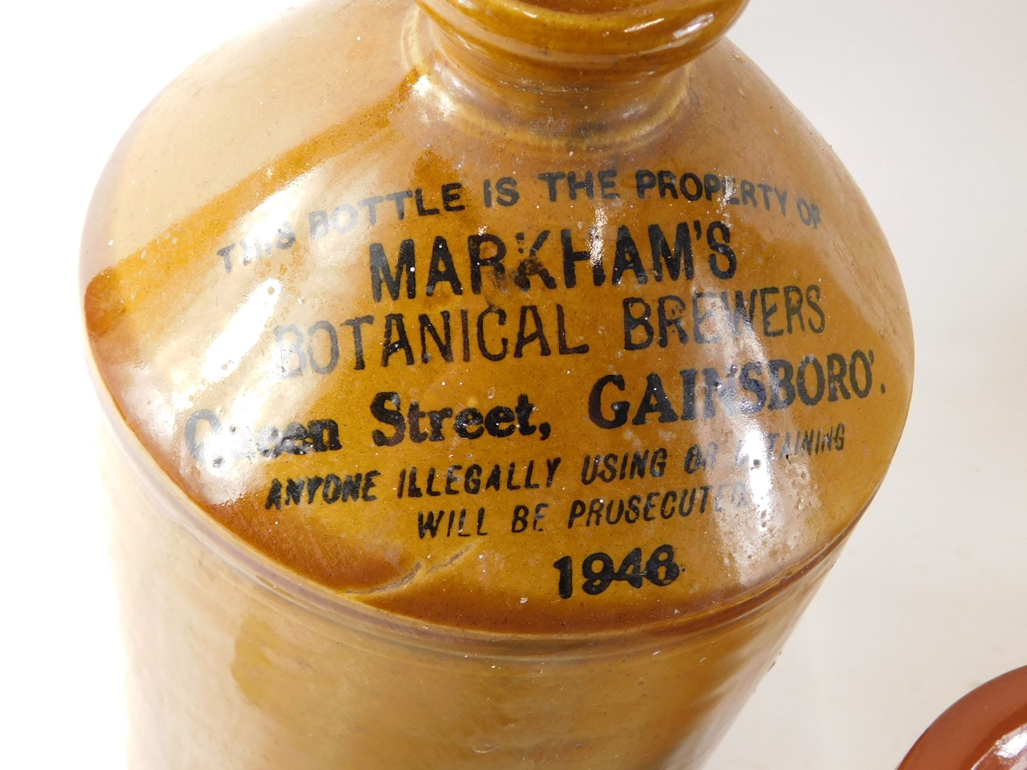 A Stergene stoneware flask for Markham's Brewers Gainsborough, etc. - Image 2 of 7