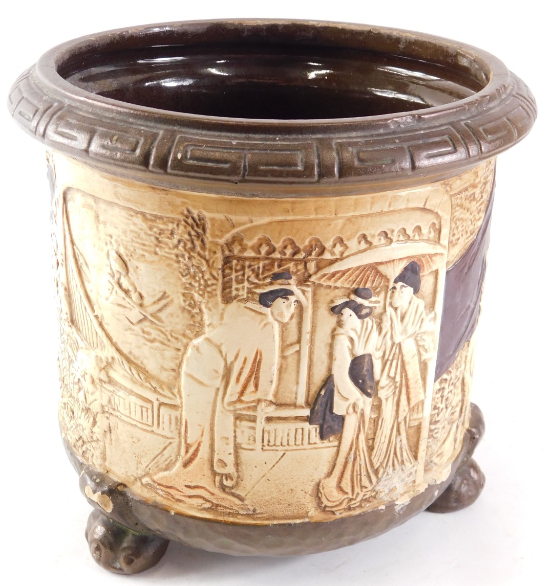 A Denby pottery jardiniere decorated in Oriental style with raised figures, animals, etc., and a sim - Image 3 of 4