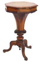 A Victorian walnut trumpet shaped games/work table, the octagonal top inlaid with a chess board, hin