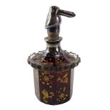 A Bohemian ruby glass scent bottle, with gilt decoration of leaves and flowers, white metal collar,