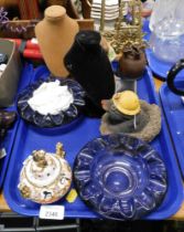 Two amethyst glass ashtrays, a Kutani jar and cover, mole ornaments, necklace stands, etc. (1 tray)