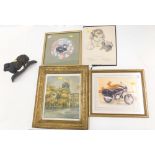 A small group of prints, comprising nursery rhyme, Venetian scene, motorbike rider, and a cast doors