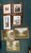Pictures and prints, comprising set of three landscape oil on canvases, print of a gentleman, and ot