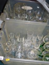 Decorative glassware, comprising jugs, glasses, green stemmed drinking glasses, etc. (2 boxes)