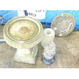 A group of reconstituted stone garden wares, comprising two bird tables, one on shell square base, 5