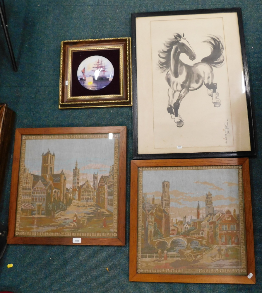 A quantity of pictures and prints, two embroideries, of gent and Bruges in oak frames, a ceramic Cla