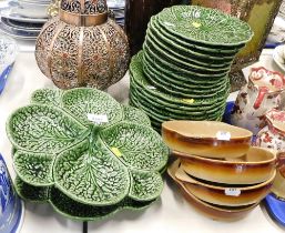 A group of John Buck Portugese cabbage leaf plates, four glazed bowls, and two canape bowls.