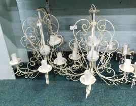 Withdrawn pre-sale. A pair of cream finish metal five branch hanging chandeliers, 52cm high.