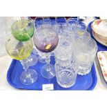 Glassware, comprising tumblers, three coloured glass wine glasses, sherry glasses, Victorian style c