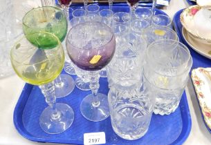 Glassware, comprising tumblers, three coloured glass wine glasses, sherry glasses, Victorian style c