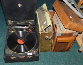 A HMV cased table top record player and a group of 33rpm records, The Gramophone records, etc. (3)