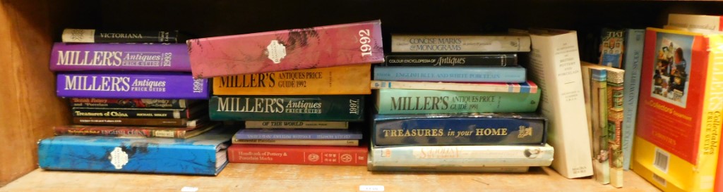 Hardback antique reference books, to include mainly Millers, Blue and White Porcelain, etc. (1 shelf