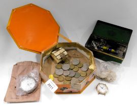 Bygones and trinkets, comprising plated pocket watch, a graze cut Virginia tin, coinage, wristwatch