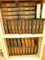 A group of leather bound Encyclopedia Britannica 9th Edition volumes. (2 shelves, AF)