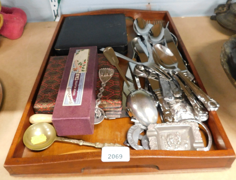 A mahogany serving tray and quantity of silver plated cutlery, ashtrays, shell pattern cutlery, case