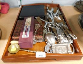 A mahogany serving tray and quantity of silver plated cutlery, ashtrays, shell pattern cutlery, case